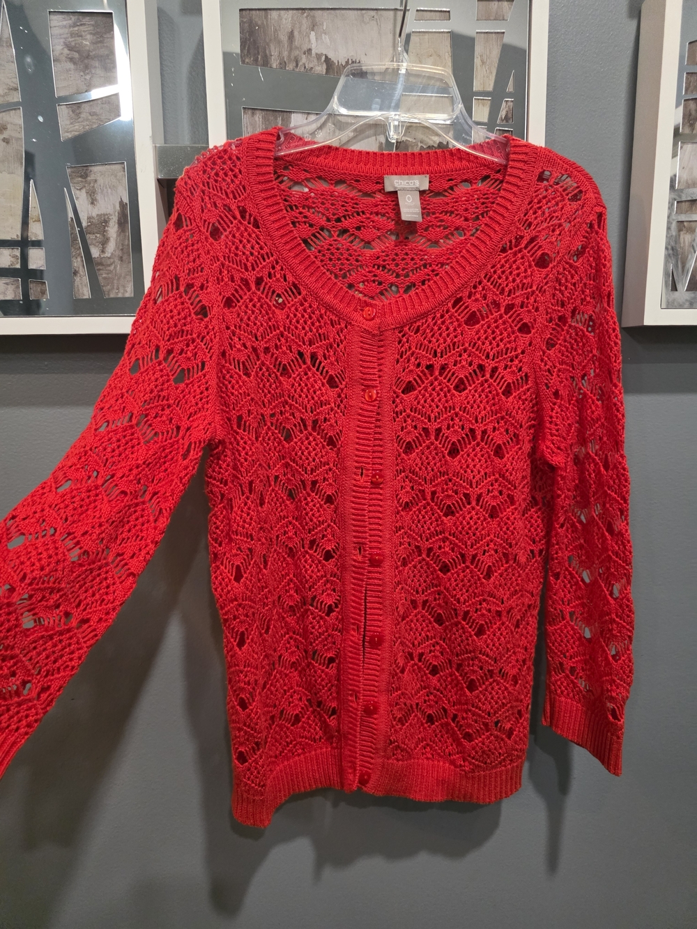 Chico's Bright Red Openwork Button-Front Cardigan